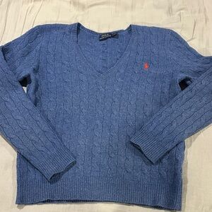 Polo by Ralph Lauren Women's V-Neck Sweater in Blue with Red Logo